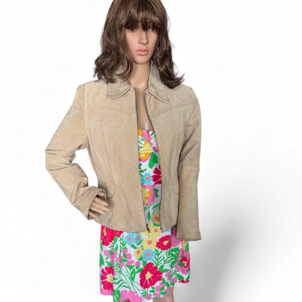 Winlit Genuine Suede Leather Cropped Tan Jacket Whipstitch Size L